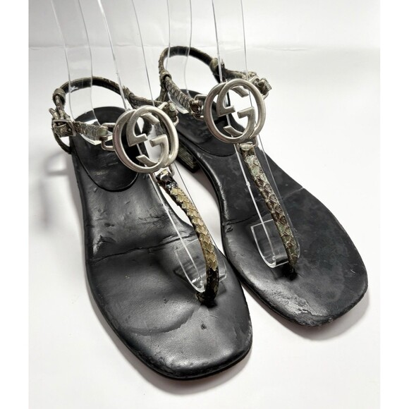 Gucci Thong Sandals Black w/ Silver GG Logo Python Accents Sz EU 34.5 4.5 - Picture 1 of 13